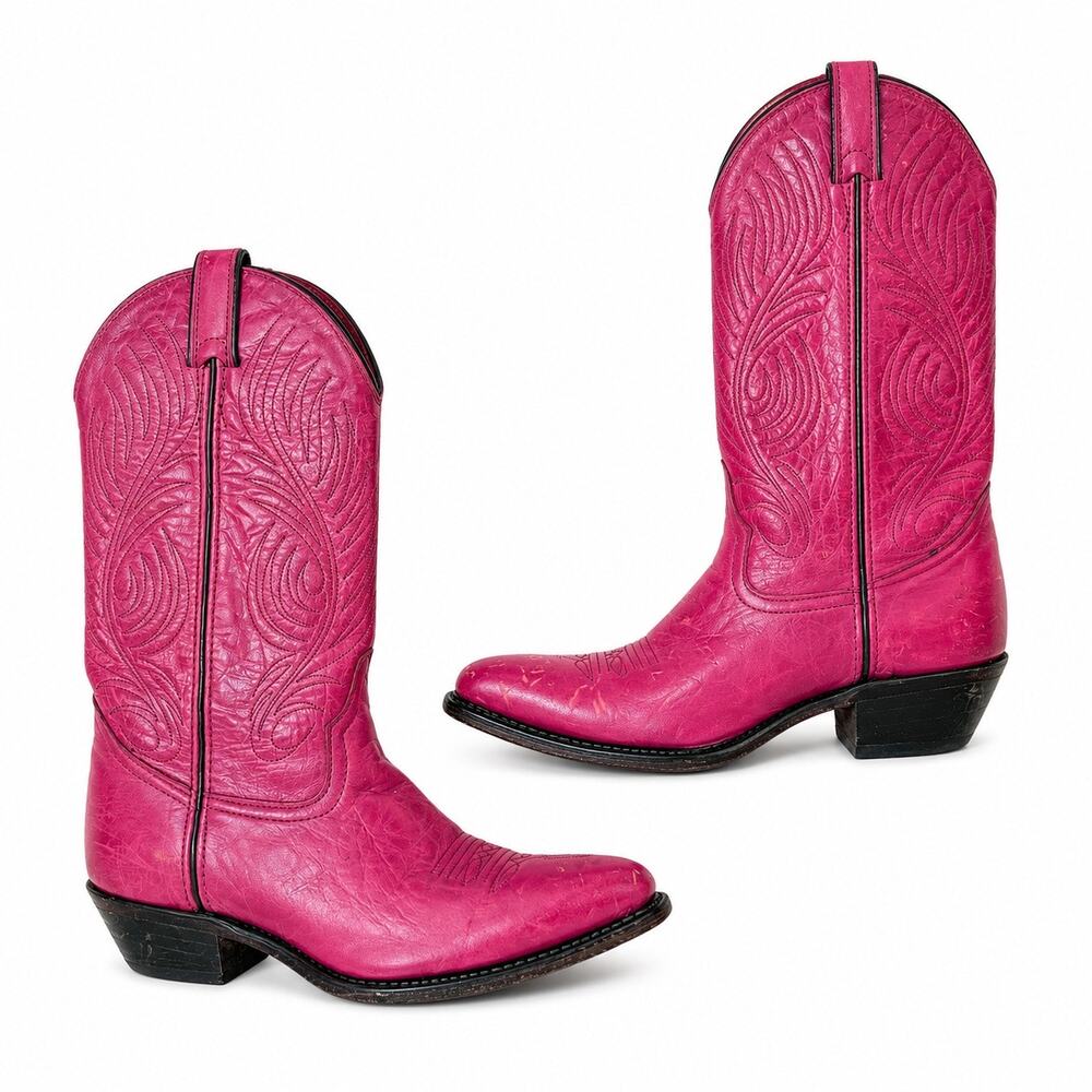 Vintage Code West Pink Leather Feather Stitch Cowboy Western Boots Size 6.5